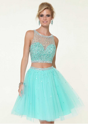 Two Piece Beaded Tulle Keyhole Back Short Cocktail Dress